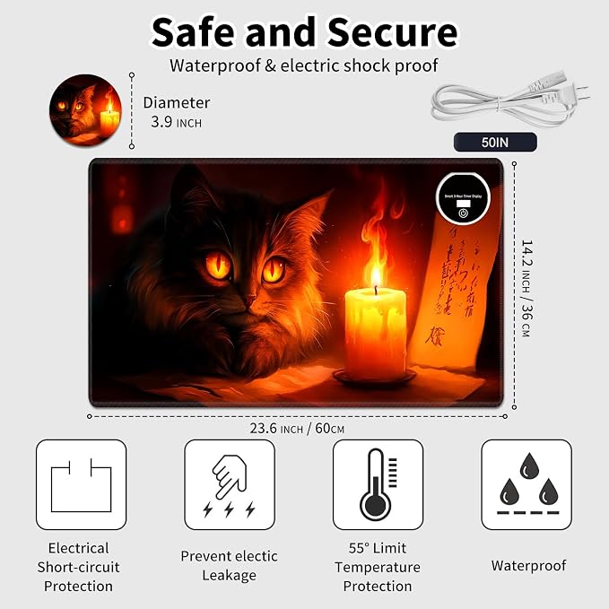 Heated Desk Pad Mouse Pad,Heated Desk Mat,with 3 Heating Levels & 3 Hours Auto Shut-Off,Leather 23.6"*14.2" Gaming Mouse Laptop Mat,Foot Warmer,Cute Cat Candlelight