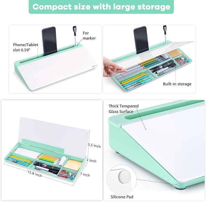 Varhomax Glass Desk Whiteboard with Storage, Desktop Dry Erase White Board to-do List Memo Keyboard Stand for Home Office and School Supplies (Green)