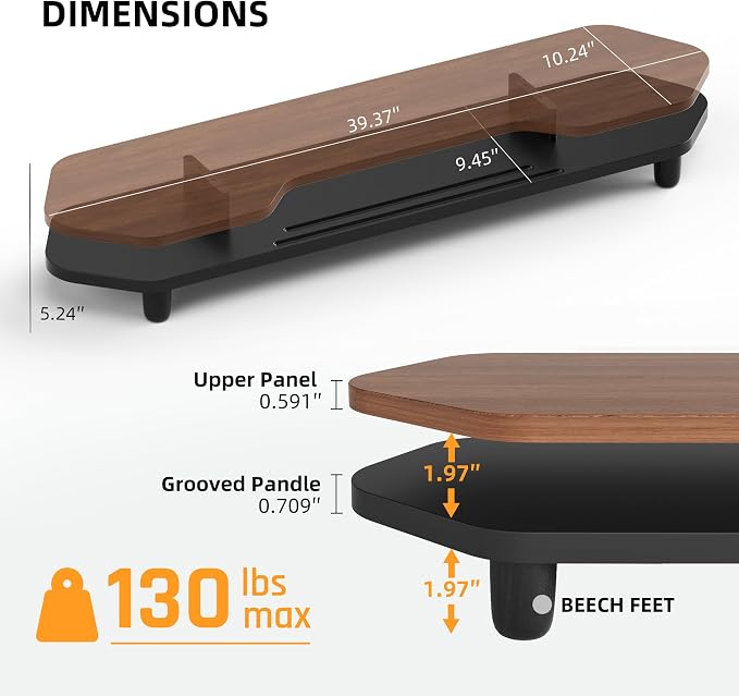 Dual Monitor Stand Riser, 39.4 Inch Large Monitor Stand with Storage Shelf, 2-Tier Desk Organizer for PC, Laptop, Printer | 2 Slots for Phone/Tablet, Computer Monitor Riser, Wood Desk Shelf for TV