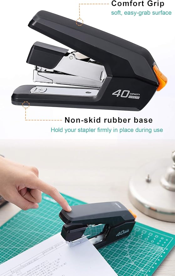 Leven Effortless Desktop Stapler, 40 Sheet Capacity, One Finger Touch Stapling, Easy to Load Ergonomic Heavy Duty Stapler, Includes 1500 Staples and Staple Remover