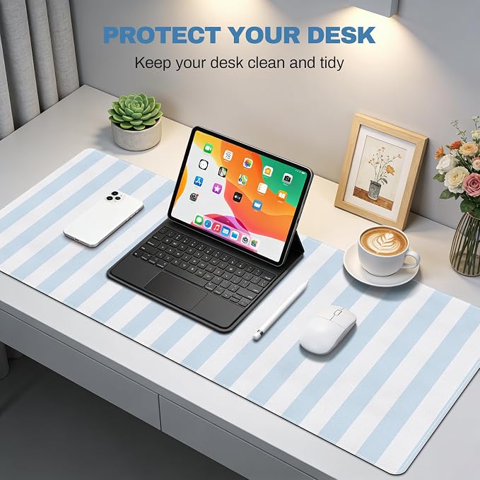 Blue Striped Desk Mat Cute PU Leather XXL Large Gaming Mouse Pad Desk Pad Cozy Aesthetic Keyboard Matt Laptop Computer Mat Home Office Decor 35.4" X 15.7"