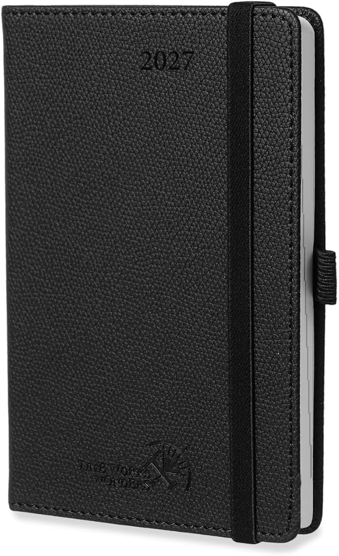 POPRUN 2027 Pocket Planner Weekly and Monthly (Purse Size-4'' x 6.25'') | Pocket Daily Calendar (Jan 2027 - Dec 2027) Appointment Book with Lined Sections, Leather Hardcover, 100GSM - Black