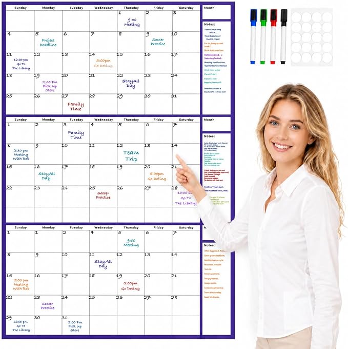 Dry Erase Calendar for Wall 24x36in Undated 3 Month Celendar with 4 Markers | Purple Layout Reusable PET Erasable Surface, Large 3-Month View, Easy to Write and Wipe Clean