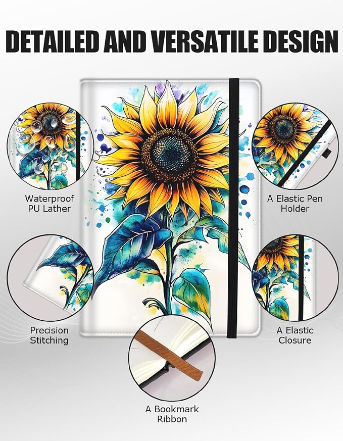 Hardcover Executive Notebooks, A5 PU Leather Lined Journal Notebook, 200 Pages Thick Paper Subject Notebooks for School,Work,Home Writing Business Notebook, Diary Book ，Watercolor Sunflower