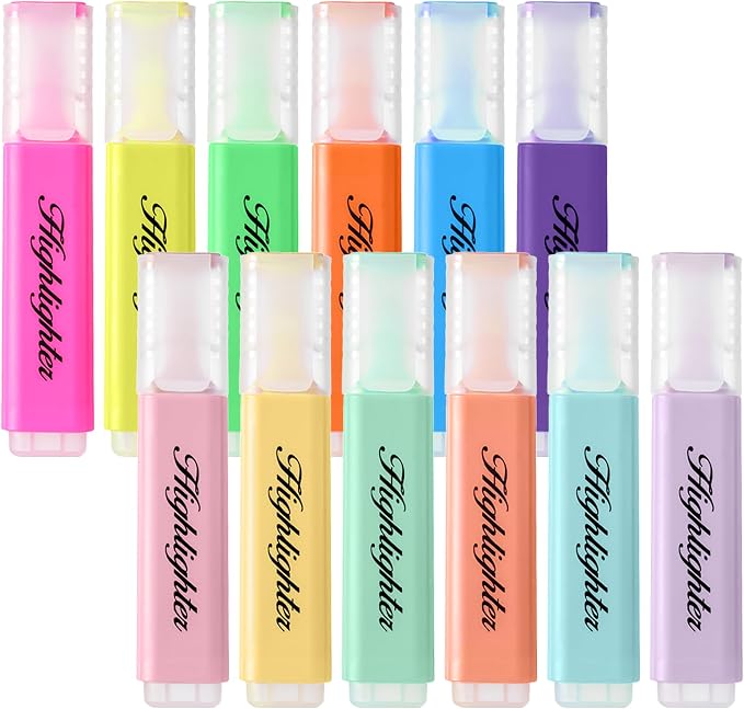 12 Pastel Highlighters, Quick-Dry Chisel Tip Markers | Soft Macaron Colors | Water-Based for Notes, Journals, Planners & Office