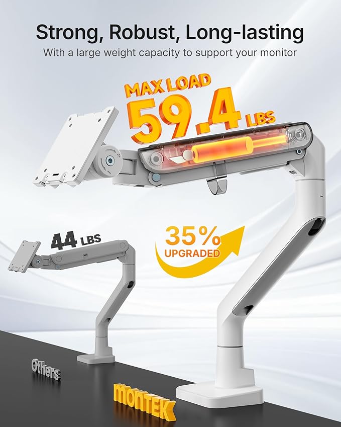 monTEK Heavy Duty Monitor Arm, 17-57" Ultrawide, Gas Spring, 59.4 lbs，White | Desk Monitor Mount Holds 49" 57" Ultrawide Curved Screen Up to 59.4 lbs with No Sag,Clamp & Grommet Arm,75/100 VESA