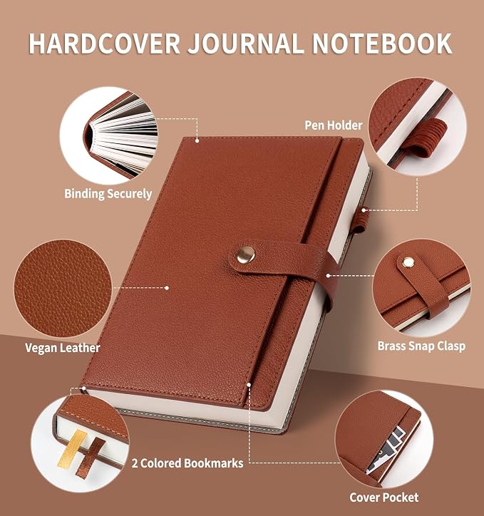 A5 Lined Journal Notebook for Women Men, Hardcover Journals for Writing, 320 Pages 100GSM Thick Paper, Daily Journal Notebook for Work, School, Note Taking, Business, Travel（Brown）
