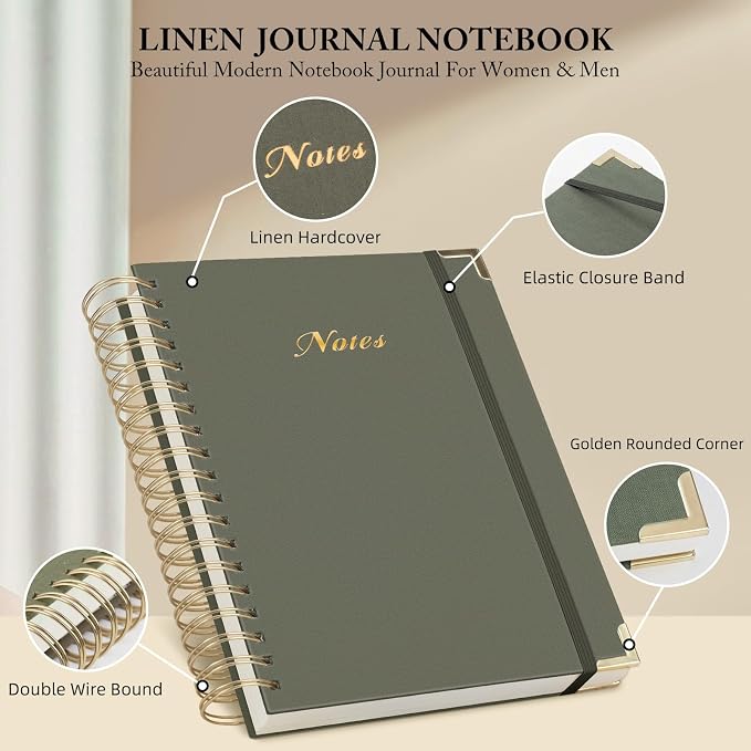 Spiral Notebook Journal, 328 Pages Linen Hardcover College Ruled Notebook, Lined Thick Journals for Women Men, B5 Thick Spiral Journal for Writing, 100GSM Paper, Cute Notebooks for Work School