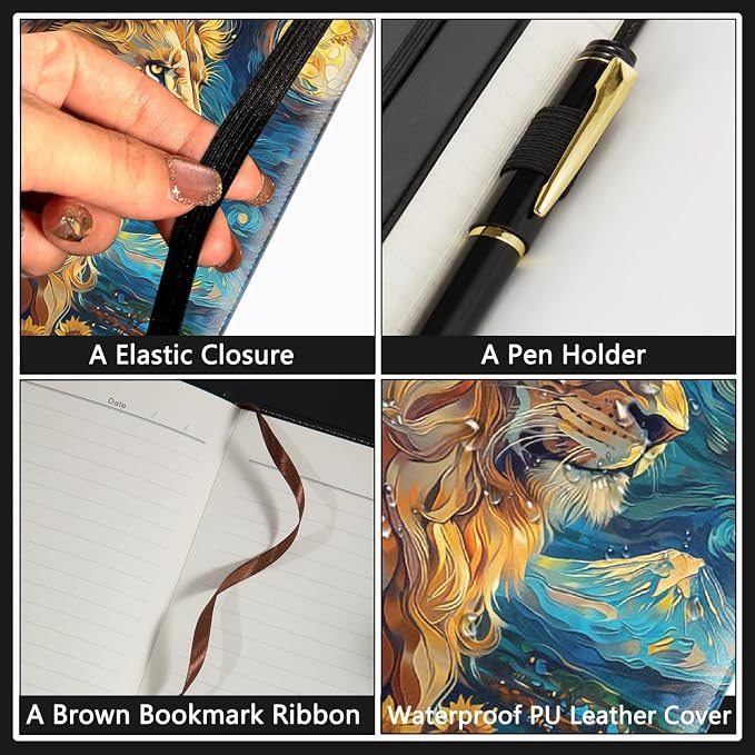 A5 Leather Lined Journal Notebook, 200 Pages Hardcover Executive Notebook for Men Women Office School Note Taking, Thick Writing Paper Daily Journal with Bookmarks/Indexes,Lion The Starry Night