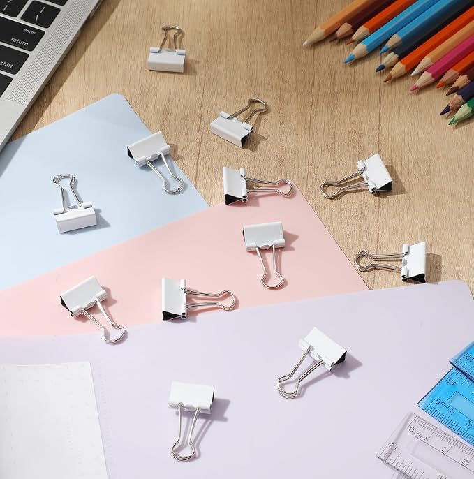 Jetec 300 Pack 0.6in/15mm White Metal Binder Clips Bulk Small Reusable Fold Back Binder Clips Paper Clamps Spring Steel Sturdy for Home Office School Supplies