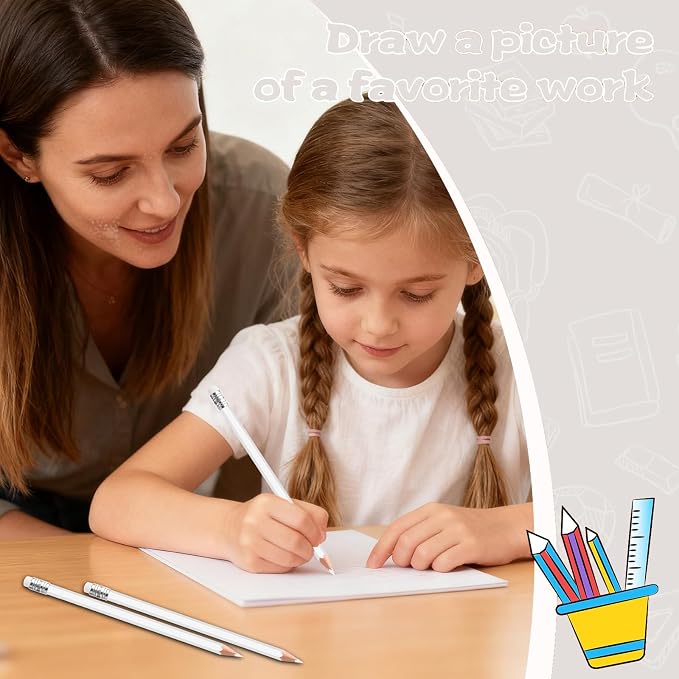 24PCS White Colored Pencils with Eraser Pre Sharpened Pencil 2 HB - Ideal for Checking, Grading, Tests & Office/School Supplies (White)