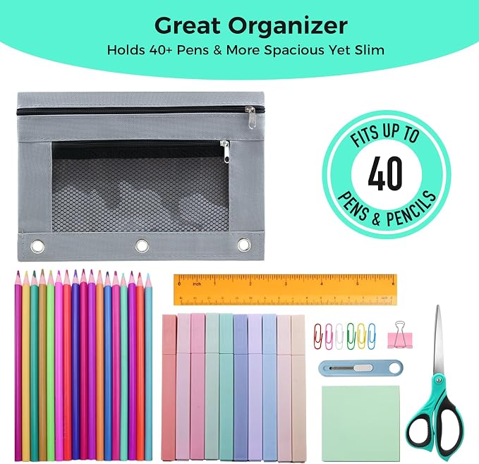 Pencil Pouch for 3 Ring Binder, Pencil Case with Zipper, 600D Fabric Pencil Pouch Bag Holder Accessories, Clear Window Pencil Case Aesthetic Back to School Organizer Pockets for Boy Girl (Grey)