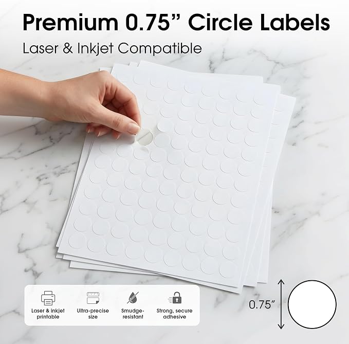 0.75" Printable Round Labels for Inkjet and Laser Printers - 3240 Blank Stickers, 30 Sheets for Price Tags, Thank You Stickers, QR Codes, Business Logos - Spartan Industrial Template C001