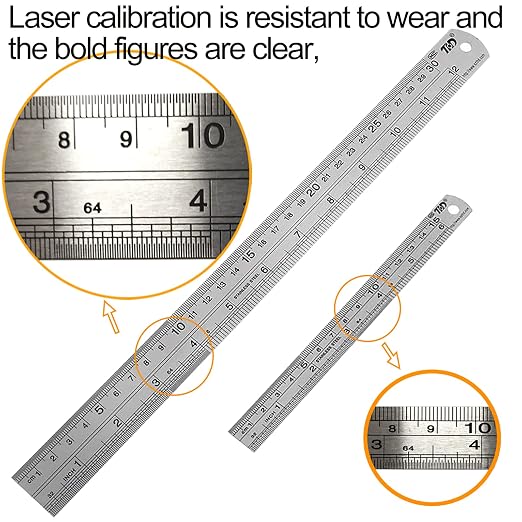 YYJ HOME Ruler 12 Inch (30 cm) and 6 inch (15 cm) Both Side Have Centimeters and inch Ruler, Stainless Steel Ruler 12 inch and Metal 6 inch, Drawing rulers, Measuring Ruler Silver