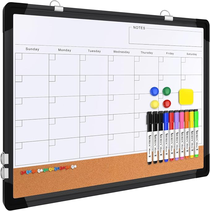 Monthly Calendar Whiteboard for Wall, 24x18 Inches Dry Erase Board with Cork Board Combo, Magnetic White Board, Double-Sided Hanging Portable Board for Office School Home Kitchen Planner, Black