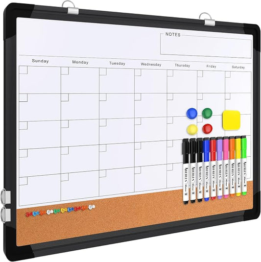 Monthly Calendar Whiteboard for Wall, 24x18 Inches Dry Erase Board with Cork Board Combo, Magnetic White Board, Double-Sided Hanging Portable Board for Office School Home Kitchen Planner, Black