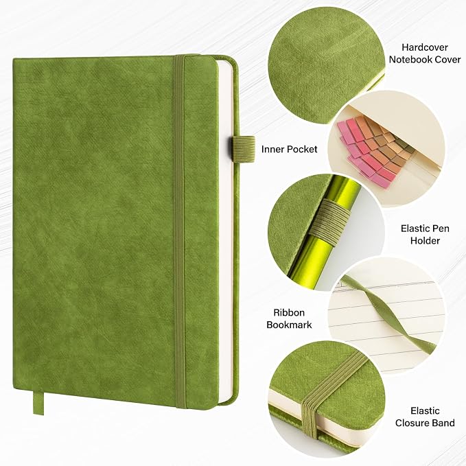 A5 Lined Journal Notebook Set with Pen & Sticky Notes, Hardcover Ruled Notebook 200 Pages Thick Paper, College Ruled Journal for Work Office School, 5.7 x 8.3 in, Green