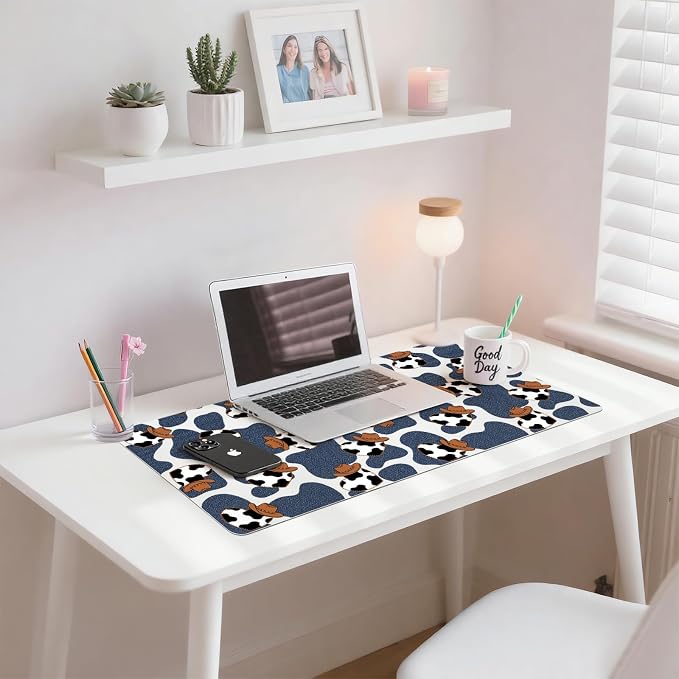 Cow Print Western Leather Desk Mat Extended Gaming Mouse Pad | Non-slip Large Writing Pad Laptop Blotter Computer Keyboard Mat | Cute Desk Protector for Home Office 27.6" x 13.8"