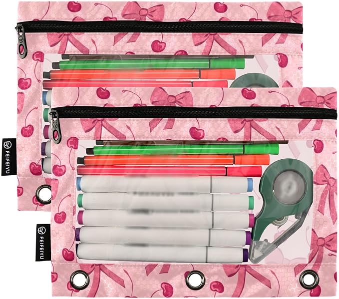 Pink Bow Cherry Pencil Pouch for 3 Ring Binder 2 Pack Zipper Binder Pencil Bag with Clear Window Pencil Case for Office Supplies