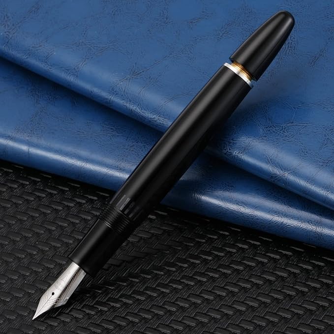 erofa Majohn P136 Piston Fountain Pen 1.1mm Stub Nib with Box, Black Resin Writing Pen Set