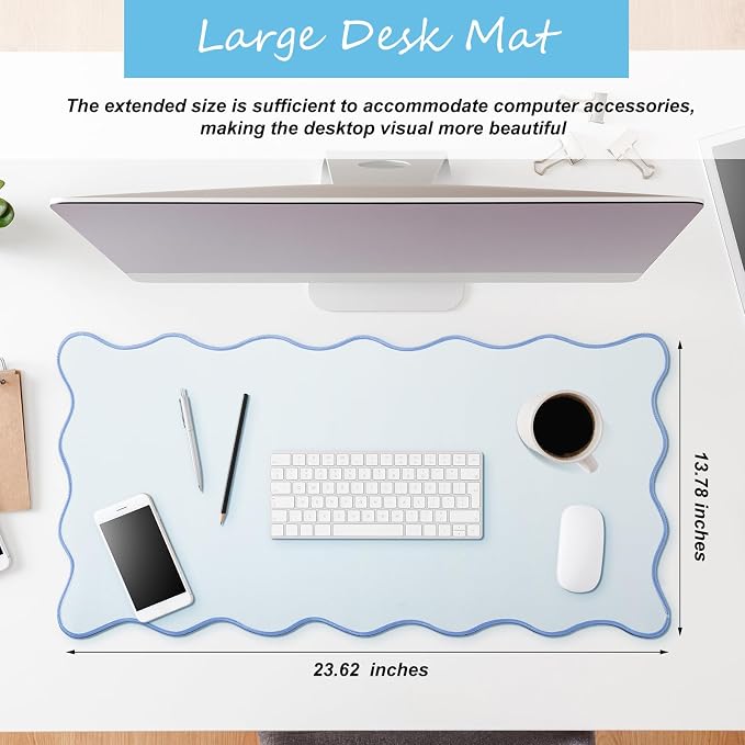Hahafelt Scalloped Desk Mat Large Desk Pad Cute Coquette Table Mat Back to School Preppy Table Make up Pad Nonslip Graduation Gift with Stitching Waterproof Gaming(Blue,23.6 x 13.8 Inches)