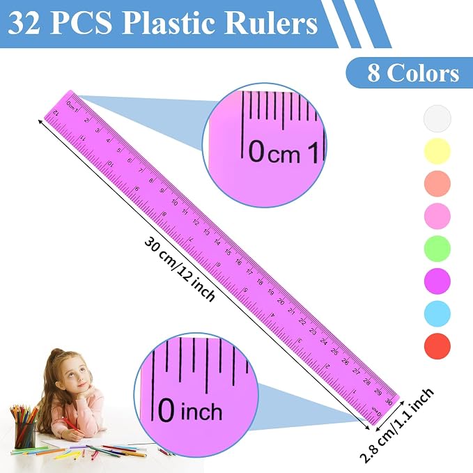 32 Pack Assorted Color Clear Rulers 12 inch, Plastic Ruler Bulks for Classroom, Transparent Metric Rulers for Kids with Inches and Centimeters for School, Home, Office Supplies