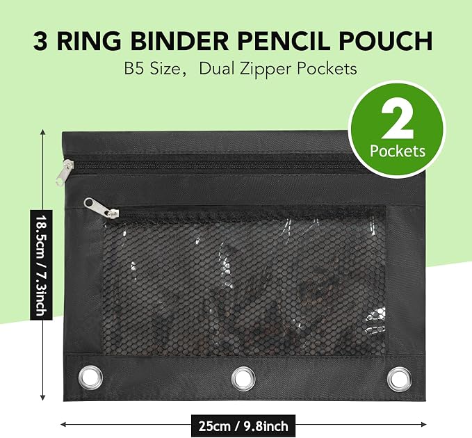 Pencil Pouch for 3 Ring Binder, Heavy Duty Canvas Dual Zipper Pen Bag with Clear Window, Smooth Metal Zipper, Fit Standard 3-Ring Binders for School Office Travel Supplies (Black)