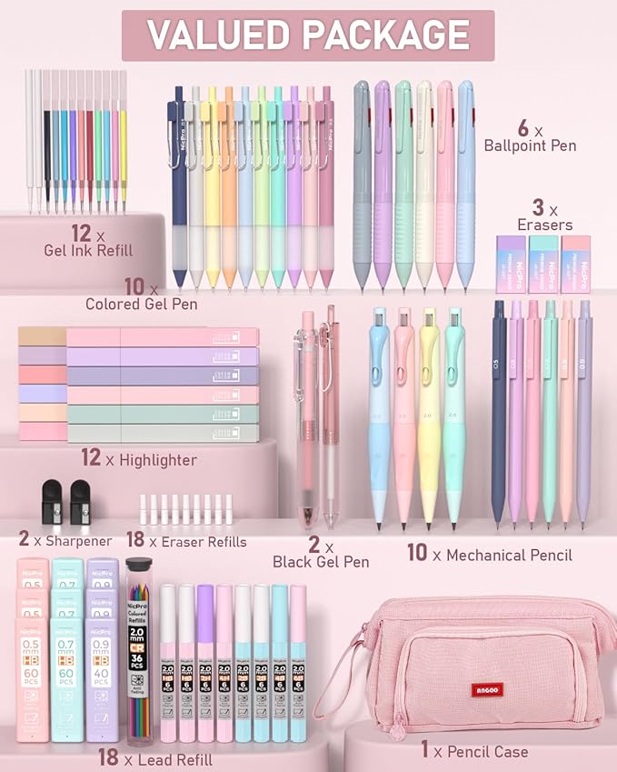 Nicpro 78 Pcs Aesthetic School Supplies with Pen Case, Stationery Set, Pink | 12 Highlighters, 12 Gel Pens, 6 Multicolor Pen, 10 Mechanical Pencils, Back to School Stationery Set for College Essentials