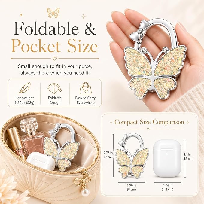 Purse Hook for Table, Foldable Handbag Hanger for Women, Portable Bag Holder with Non-Slip Base, Cute Bling Yellow Butterfly Purse Table Hook for Restaurant Office Travel Gift