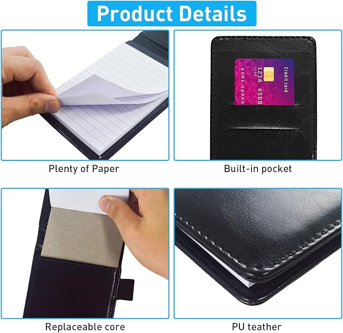 12Pcs Mini Pocket Notepad Holder Set,Included with 50 Lined Sheets, Metal Pen and 8 Pieces 3 x 5 Inch Memo Book Refills with 30 Lined Paper Per Note Pad,Leather Notepad Pocket,Black