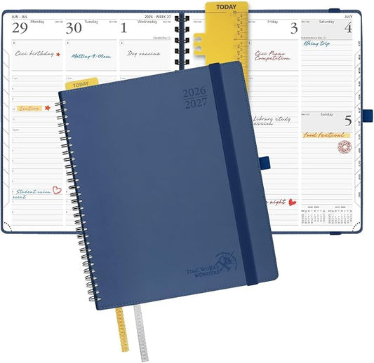 POPRUN Planner 2026-2027 (Large - 8.5'' x 10.5'') Academic Weekly Planner | Calendar(July 2026-June 2027) Appointment Book with Hourly Time Slots, Monthly Tabs, 100GSM, Spiral Leather Cover - Navy Blue