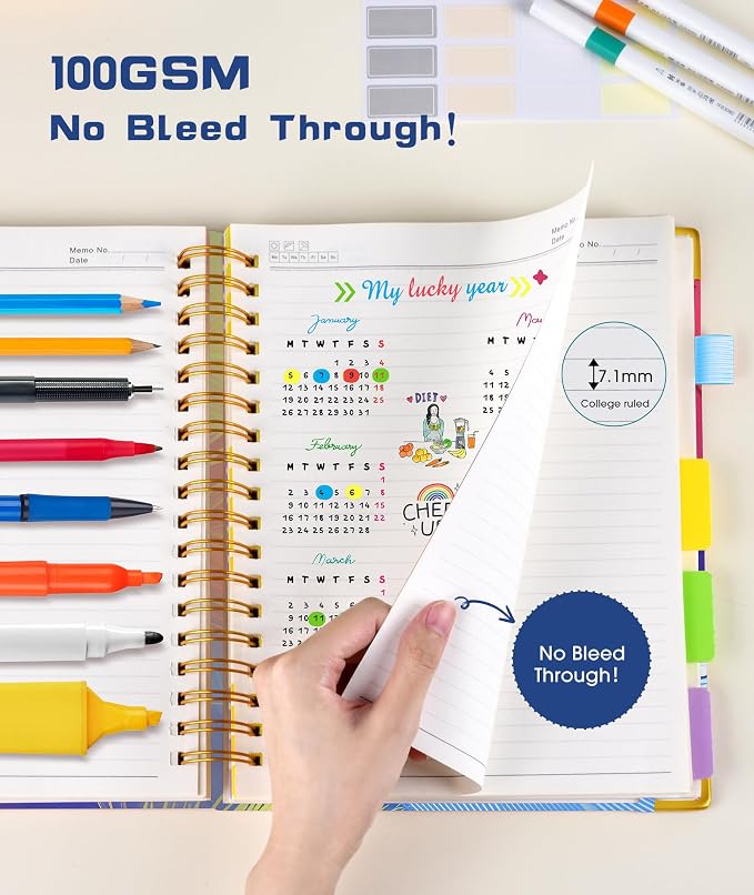 Hardcover Spiral Notebook Journal with Removable Dividers Tabs, 300 Pages 5 Subject Notebook College Ruled, 100GMS Notebooks for Work School Note Taking,Lined Journal for Women,Colorful Feather