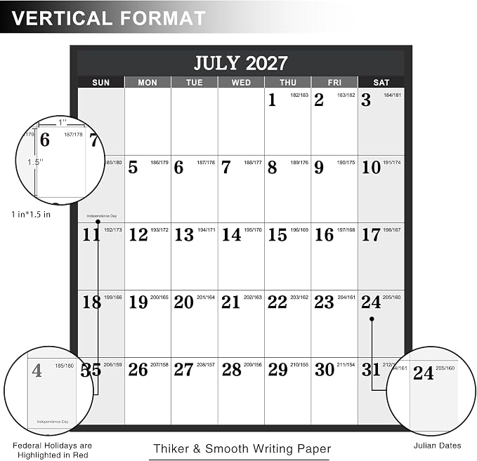 2027 Calendar - 2027 Yearly Wall Calendar, Jan.2027 - Dec.2027, Yearly Wall Calendar 2027, 34.8" x 22.8"(open), Round Stickers, Vertical - Grey