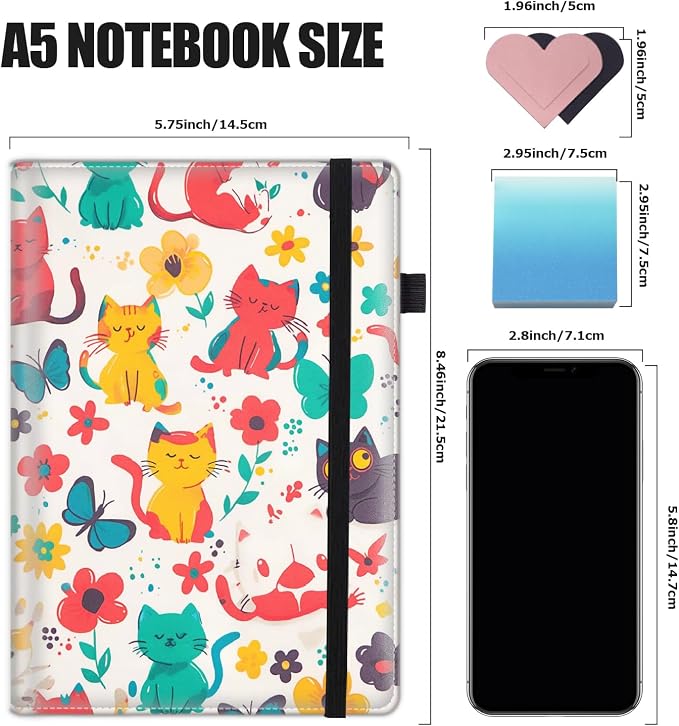 Hardcover Executive Notebooks, A5 PU Leather Lined Journal Notebook, 200 Pages Thick Paper Subject Notebooks for School,Work,Home Writing Business Notebook, Diary Book ，Cute Kitten Pattern