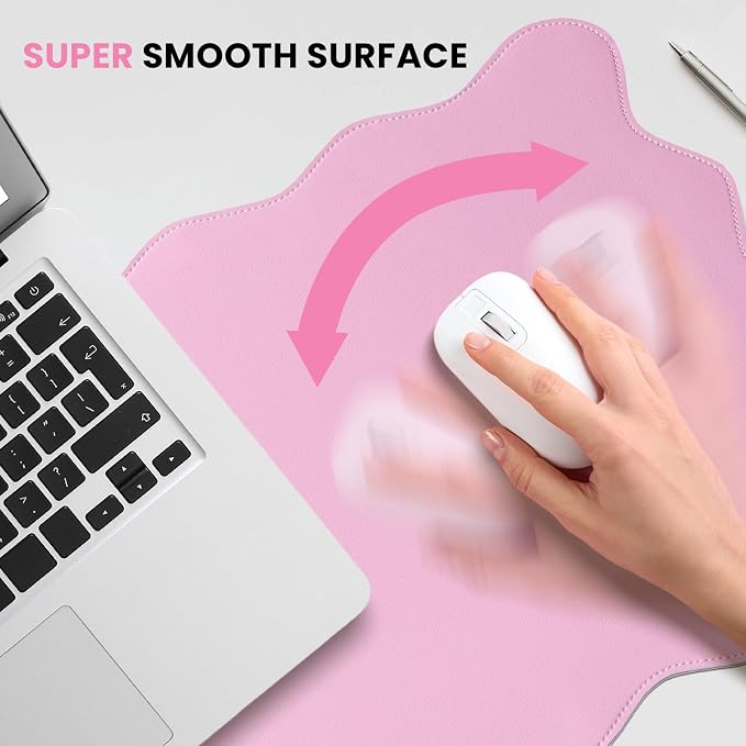 PU Leather Desk Pad, Scalloped Non-Slip Mouse Pad & Large Desk Mat Cover Stitched Edges Writing Pad for Office, Home - Waterproof, Easy to Clean, Durable Surface I 31.4"x15.7", Pink