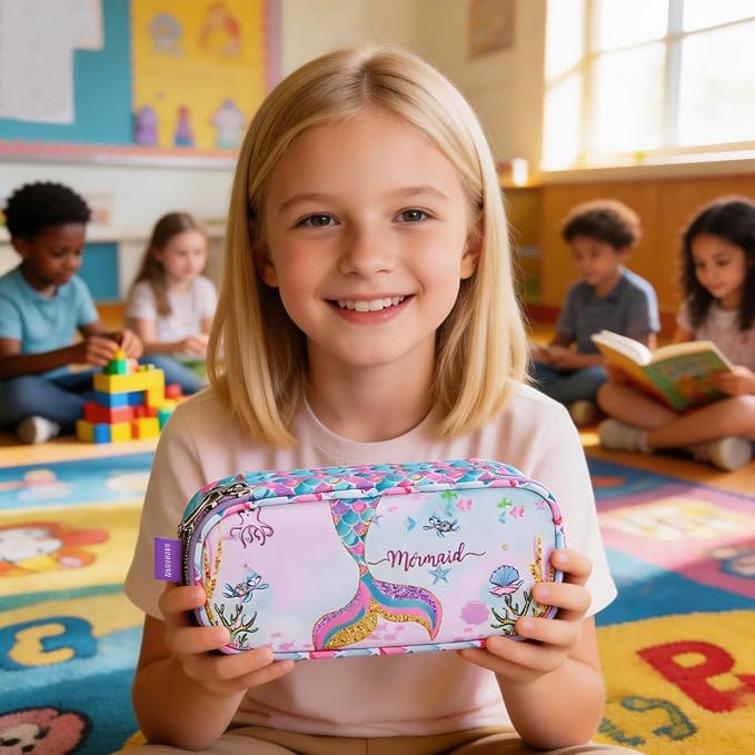 RHCPFOVR Kids Pencil Case for Girls-Soft Zipper Large Capacity Pencil Pouch for Girls Pencil Case for School Pencil Bag for Toddler (Purple Mermaid)