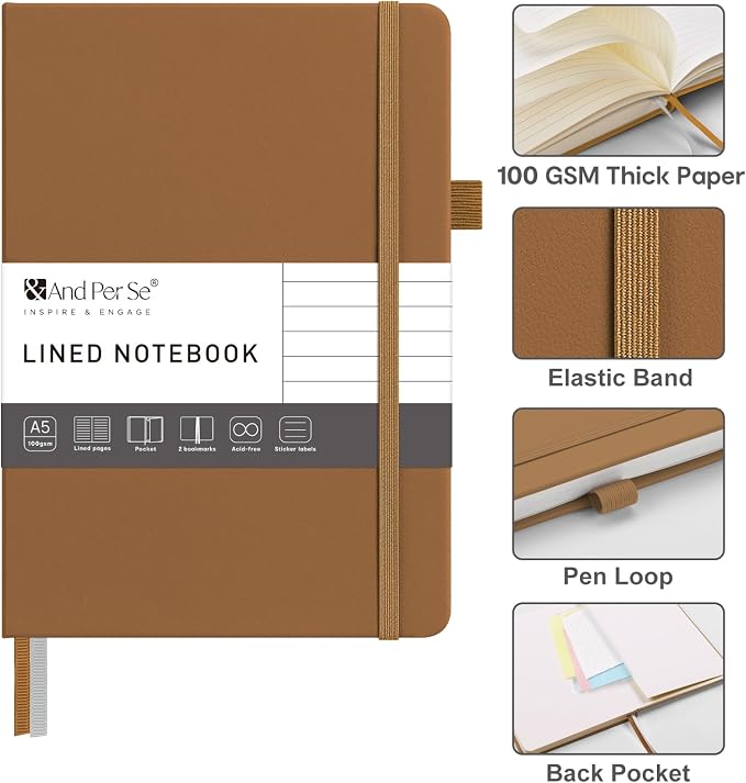&And Per Se Lined Journal Notebook – A5 5.7”x8” College Ruled, 160 Pages, 100gsm Thick Paper, Journaling Notebooks for Writing (Light Brown)