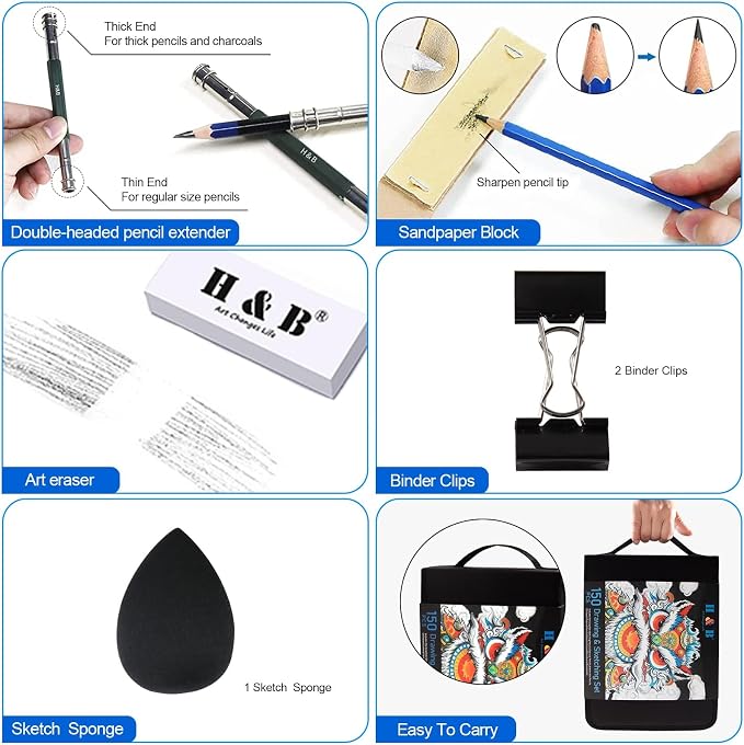 H & B 150PCS Drawing Pencils Set with Portable Zipper Bag – Professional Sketching & Art Supplies Kit with Sketchpad and Colored Pencils for Adults & Artists
