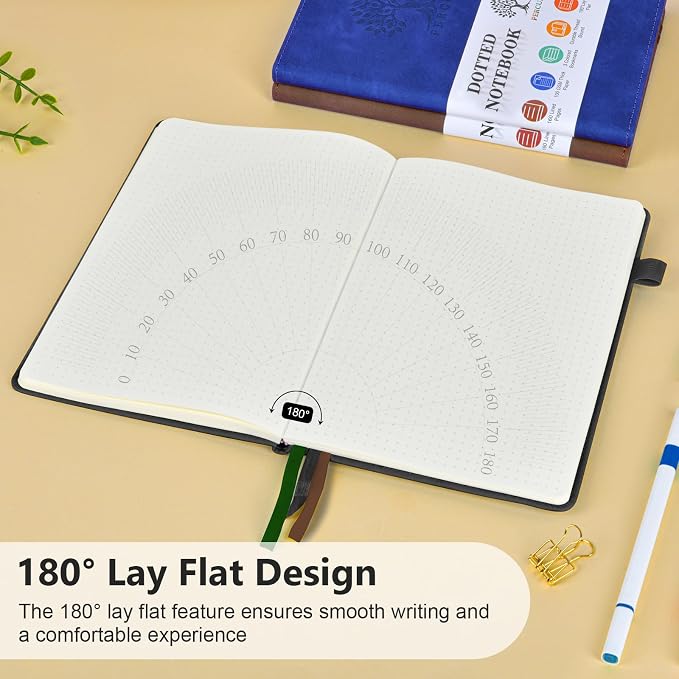 PERCUN A5 Dotted Journal Notebook, Leather Hardcover Notebook 5.9"×8.5" | 160 Dotted Pages Journal for Women & Men, Dot Grid Notebook for Writing, Work, School, Travel Daily Diary, Bullet Journaling