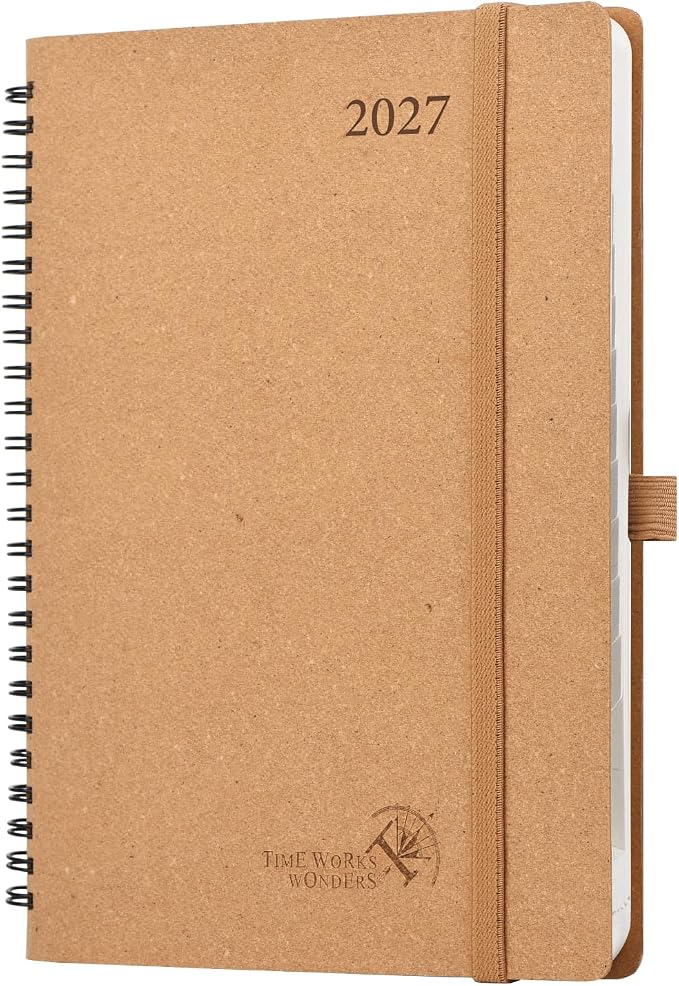 POPRUN 2027 Planner, 6.5''x8.5'' Recycled Paper Weekly and Monthly Calendar | Daily Calendar Book with Italian Regenrated Leather, Appointment Book with Hourly Time Slots, Pen Holder - Desert Brown