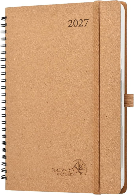 POPRUN 2027 Planner, 6.5''x8.5'' Recycled Paper Weekly and Monthly Calendar | Daily Calendar Book with Italian Regenrated Leather, Appointment Book with Hourly Time Slots, Pen Holder - Desert Brown