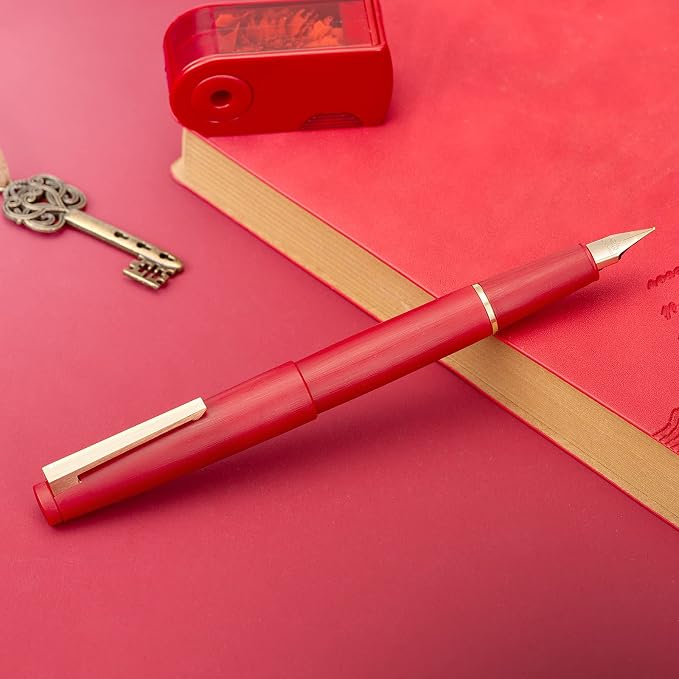 Jinhao 80 Red Fiber Brushed Fountain Pen, Iridium Fine Gold Nib with Ink Converter, Classic Design Smooth Writing Pen (Gold Clip)