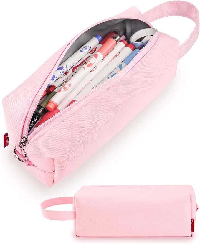 Fmeida Simple Pencil Case Pouch, Office Supplies Gift for Women, Light Pink | Eco-Friendly Fabric, Water-Resistant, Inner Pocket, Carry Handle