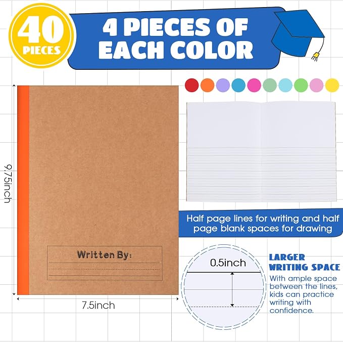 Henoyso 40 Pack Primary Composition Notebook, 9-3/4" x 7-1/2", Kids Primary Journal, K-2 Writing Notebook for Kids Student Draw Write Story Journal Half Blank Books(Stylish Color)