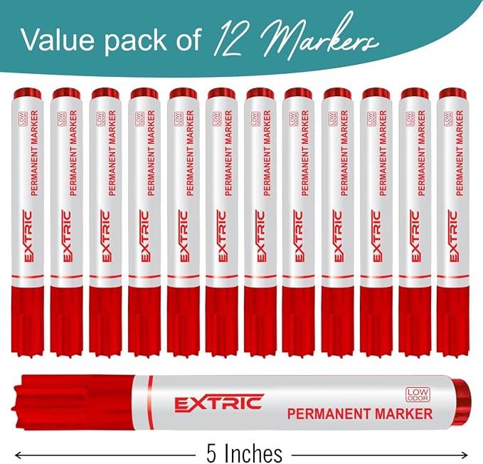 EXTRIC Permanent Markers, Chisel Tip, Red, Quick Drying Ink, Works on Paper, wood, Plastic, metal and Glass, Great for Home, Office and School use