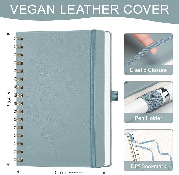 AHGXG Lined Spiral Journal Notebook, 140 Pages, A5 (5.7" x 8.3") | Journals for Women, Hardcover Leather Notebook College Ruled, 100 GSM Paper, for Work School Note Taking (Gray Blue)