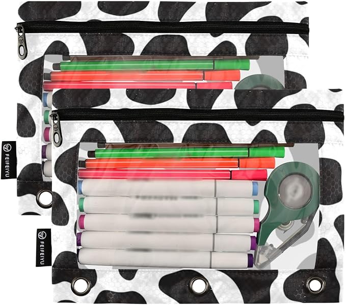 ALAZA Pencil Pouch for 3 Ring Binder, Black and White Cow Doodle Print Binder Pencil Pouches with Clear Window Zipper Pencil Case Cosmetic Bags for Office College Supplies, 2PCS