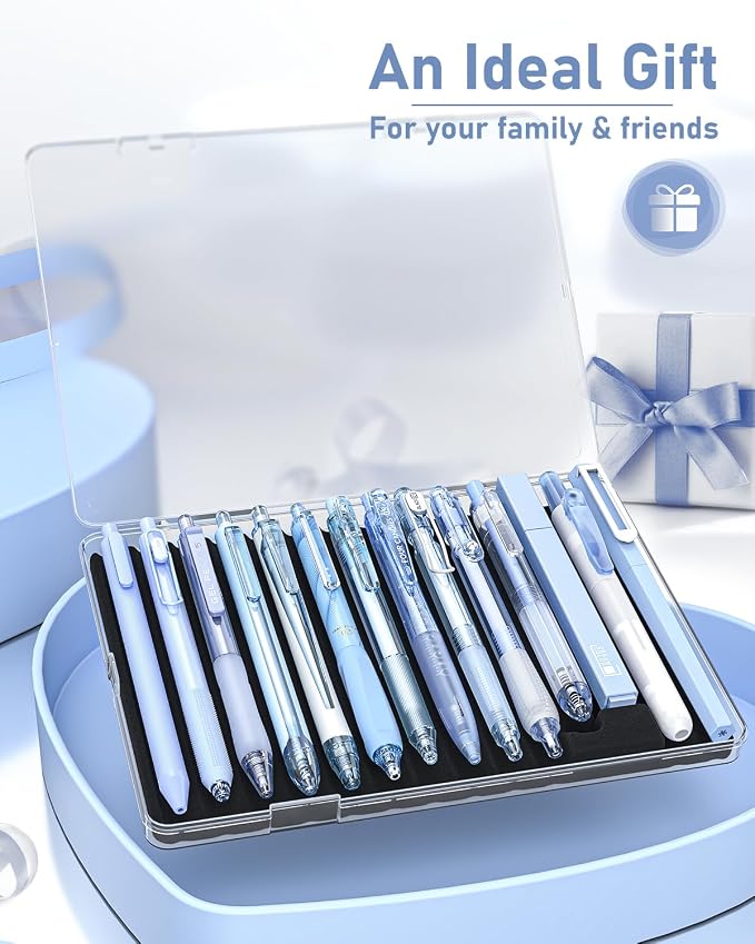 Four Candies Writing Ink Pens with Black & Blue Ink and 2Pack Highlighter, Retractable 0.5mm Smooth Fine Point Pens,Blue Pens for School,Office Girly Stationery Aesthetic Desk Accessories Set of 14