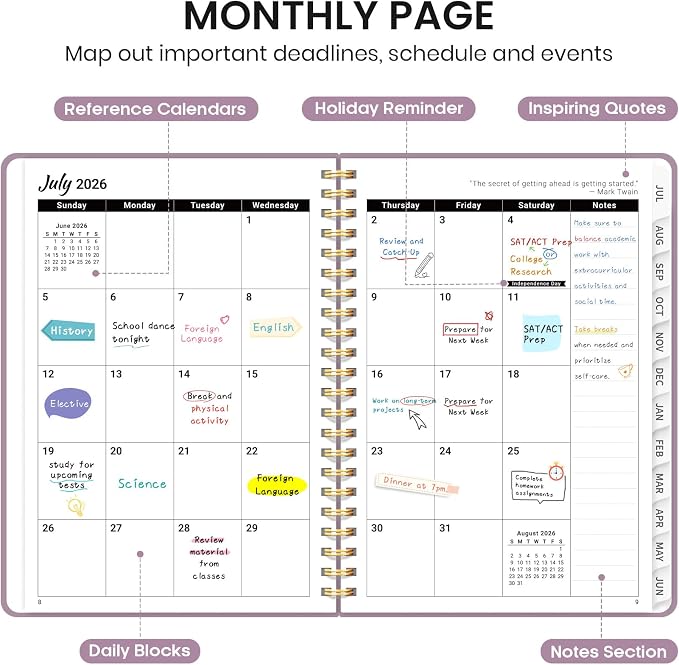 Planner 2026-2027 for Women & Men, Academic Monthly and Weekly Calendar Planner, Jul 2026 - Jun 2027, A5 (6.3" x 8.5"), Teacher Student Planning Book with Tabs, Ideal for Office School Supplies - Boho Purple