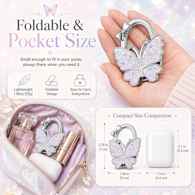 Purse Hook for Table, Foldable Handbag Hanger for Women, Portable Bag Holder with Non-Slip Base, Cute Bling White Butterfly Purse Table Hook for Restaurant Office Travel Gift